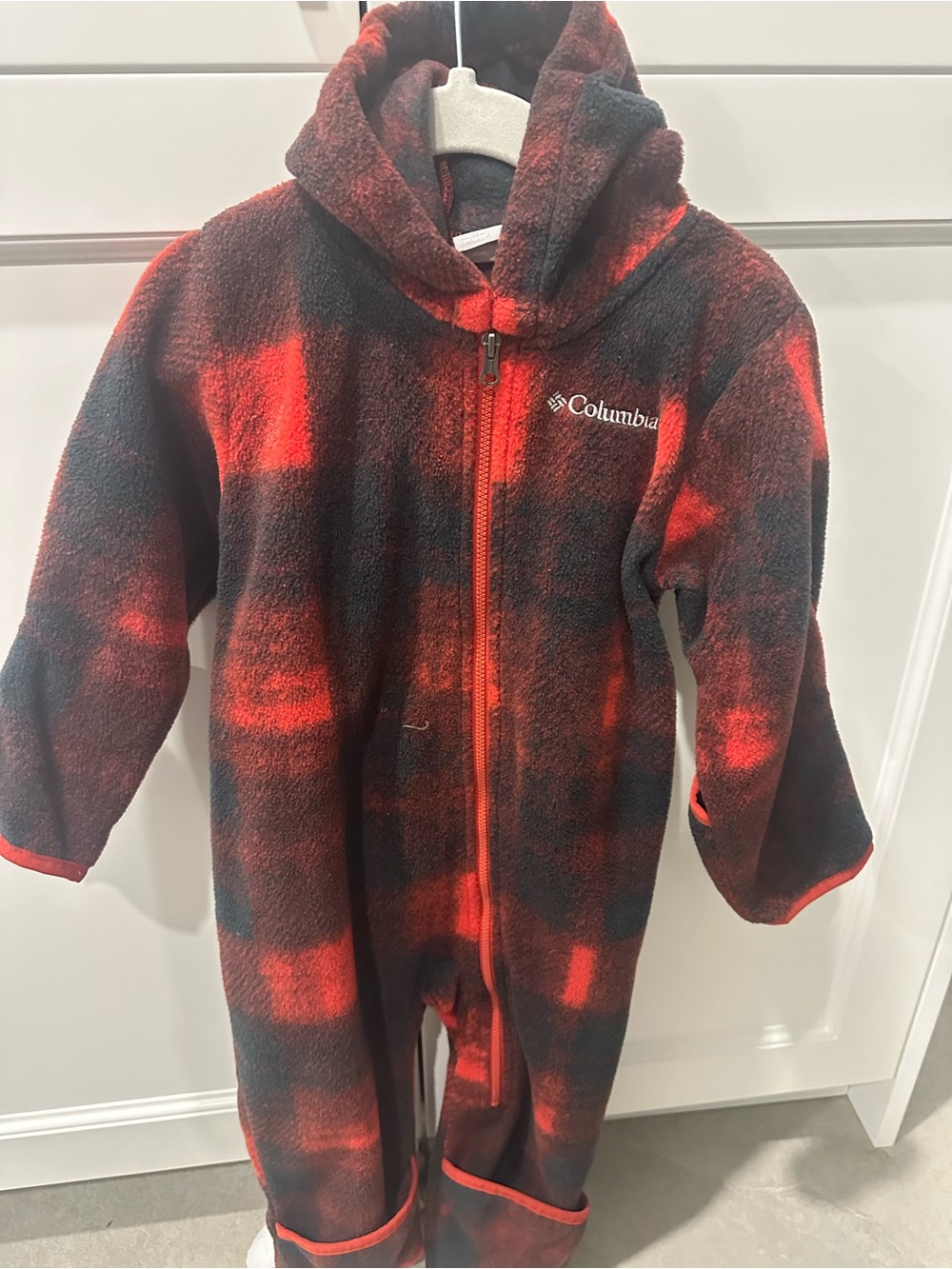 Columbia Red and Black Plaid Fleece Hooded One-Piece